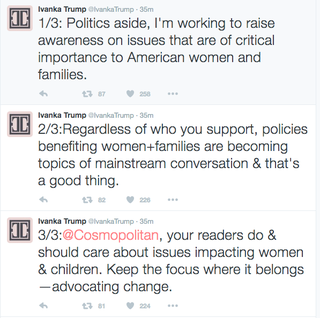 Illustration for article titled Ivanka Trump Criticizes Cosmopolitan for Asking About the Campaign She's Working For
